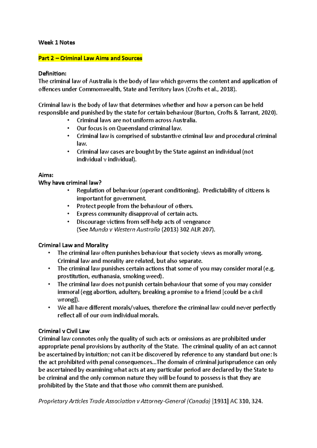 Week 1 Notes - Week 1 Notes Part 2 – Criminal Law Aims and Sources ...