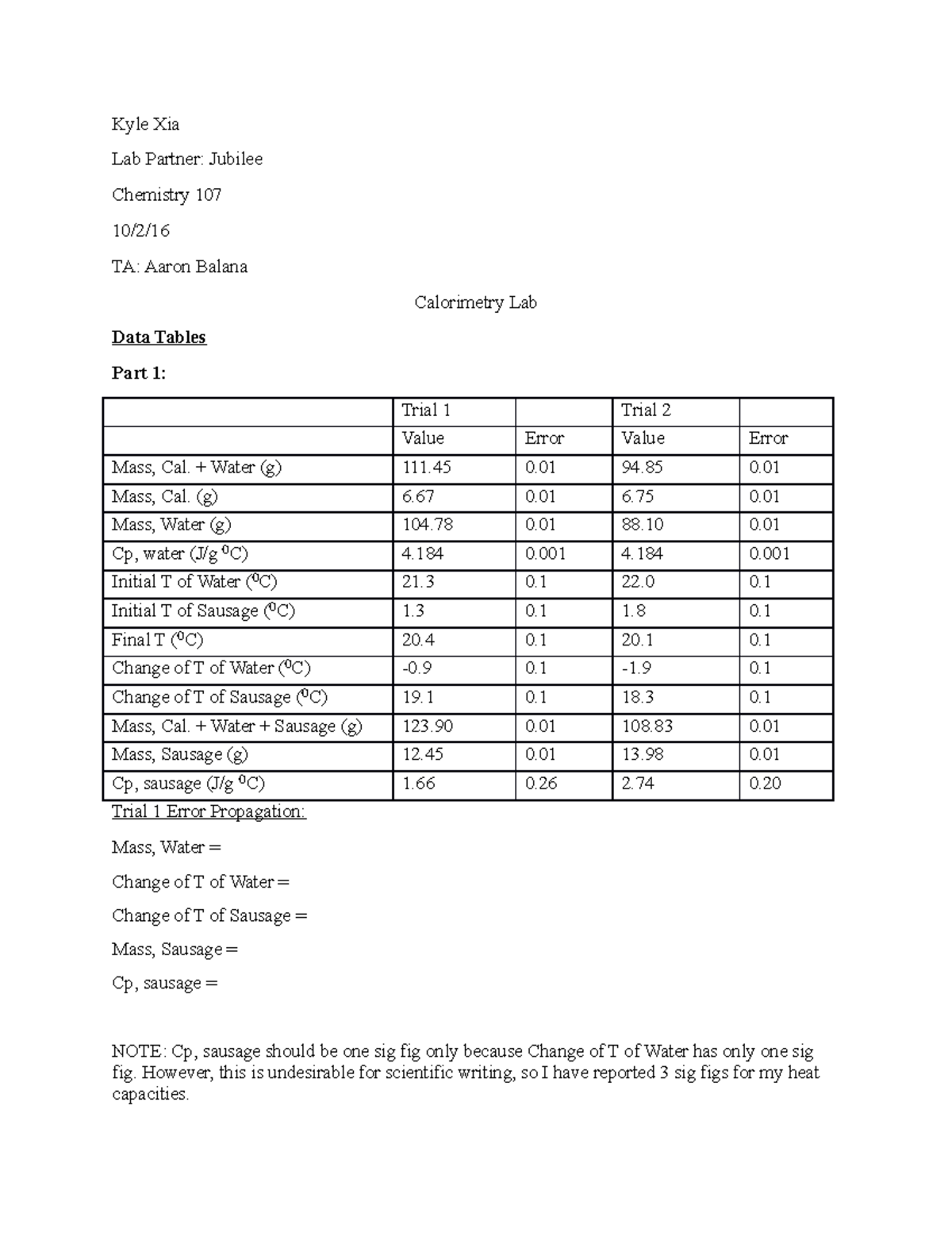 Calorimetry Lab Data and Analysis Studocu