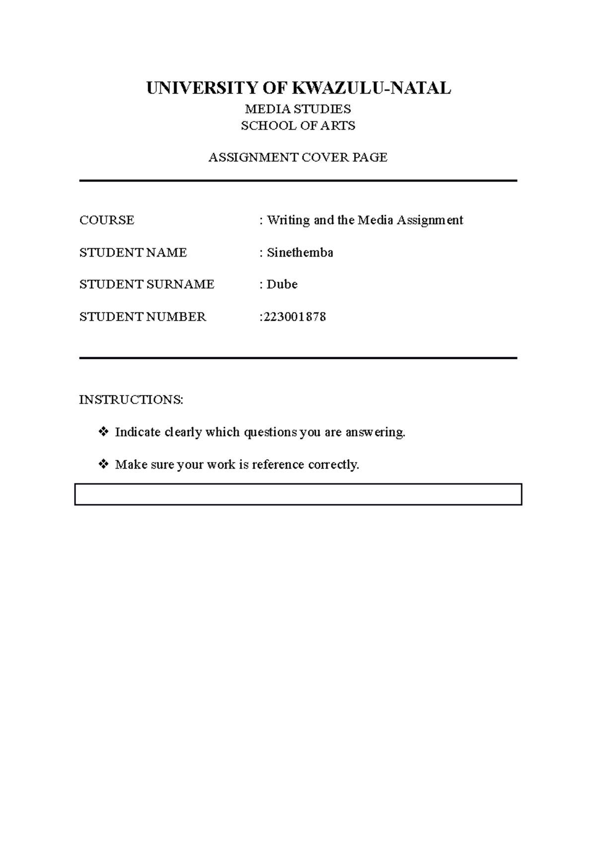 MECS Assignment - UNIVERSITY OF KWAZULU-NATAL MEDIA STUDIES SCHOOL OF ...