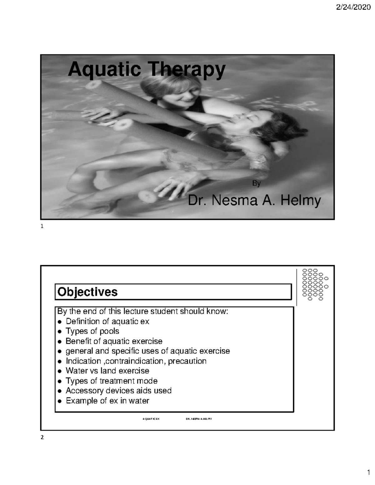 Aquatic exercises Hydrotherapy lecture AQUATIC EX DR. NESMA A