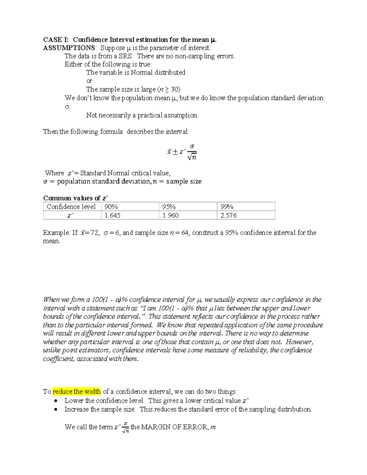 Chapter 16 Lecture Notes - CASE I: Confidence Interval estimation for ...