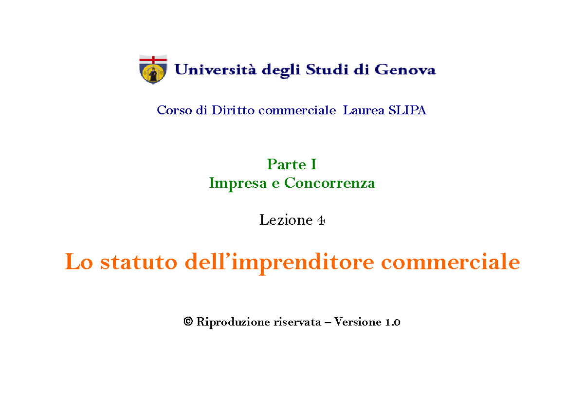 04 Modulo 1 Lezione 04 n - Appunti di diritto commerciale - Corso di