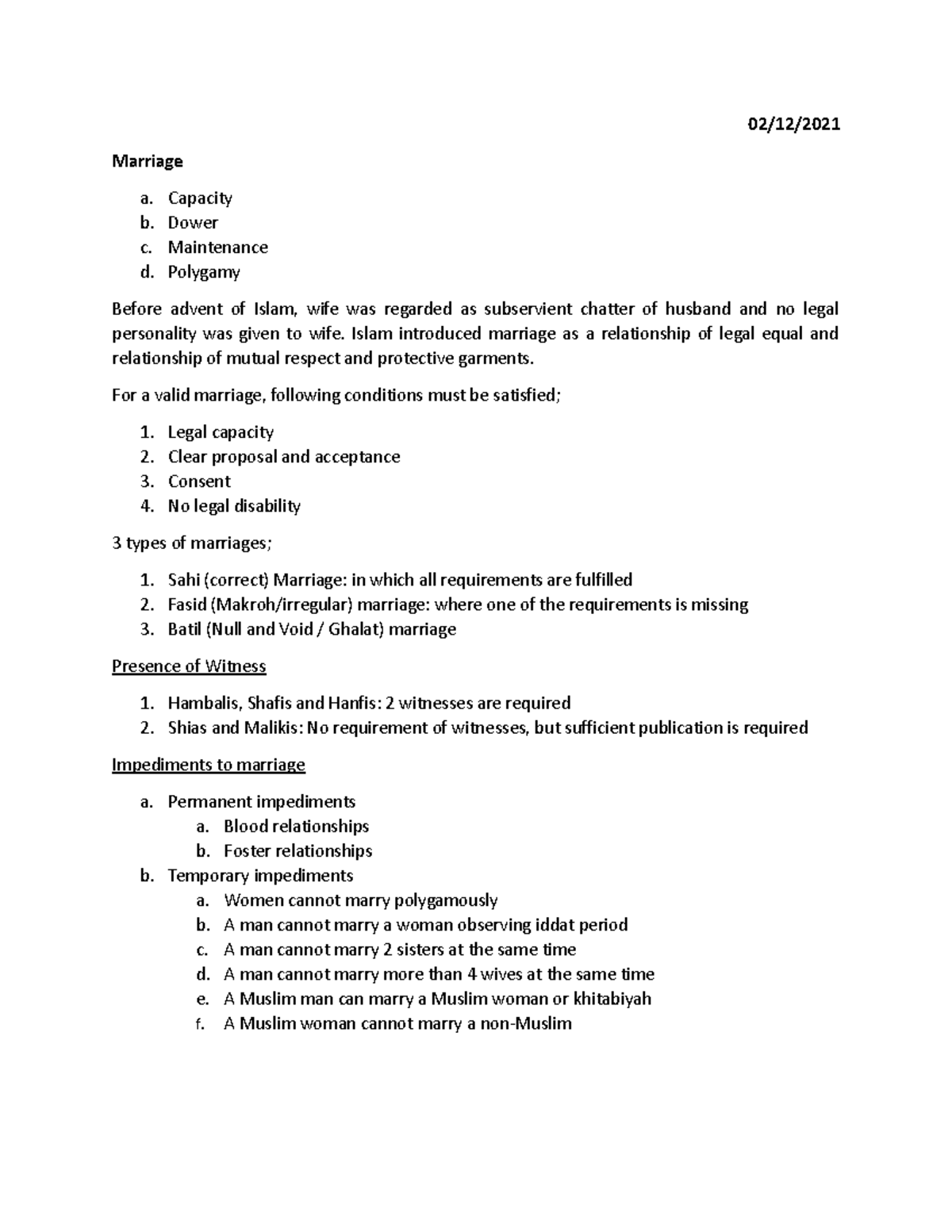 2.0 Marriage - 02/12/ Marriage a. Capacity b. Dower c. Maintenance d ...