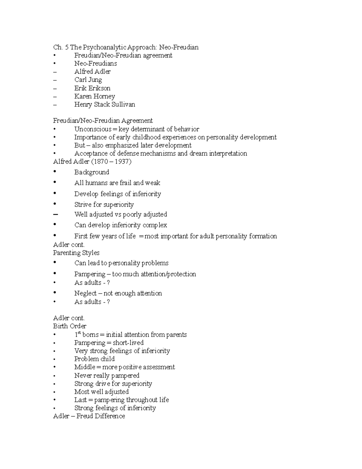 Ch5neo - Lecture notes 5 - Ch. 5 The Psychoanalytic Approach: Neo ...