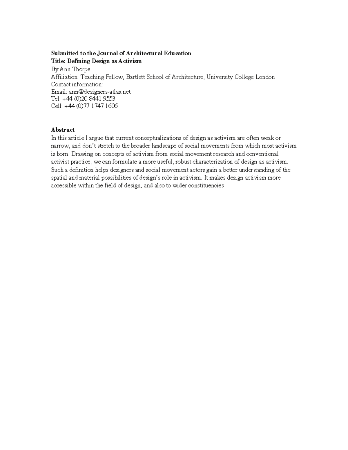 Thorpe-defining design activism Assignment task 2 - Submitted to the ...