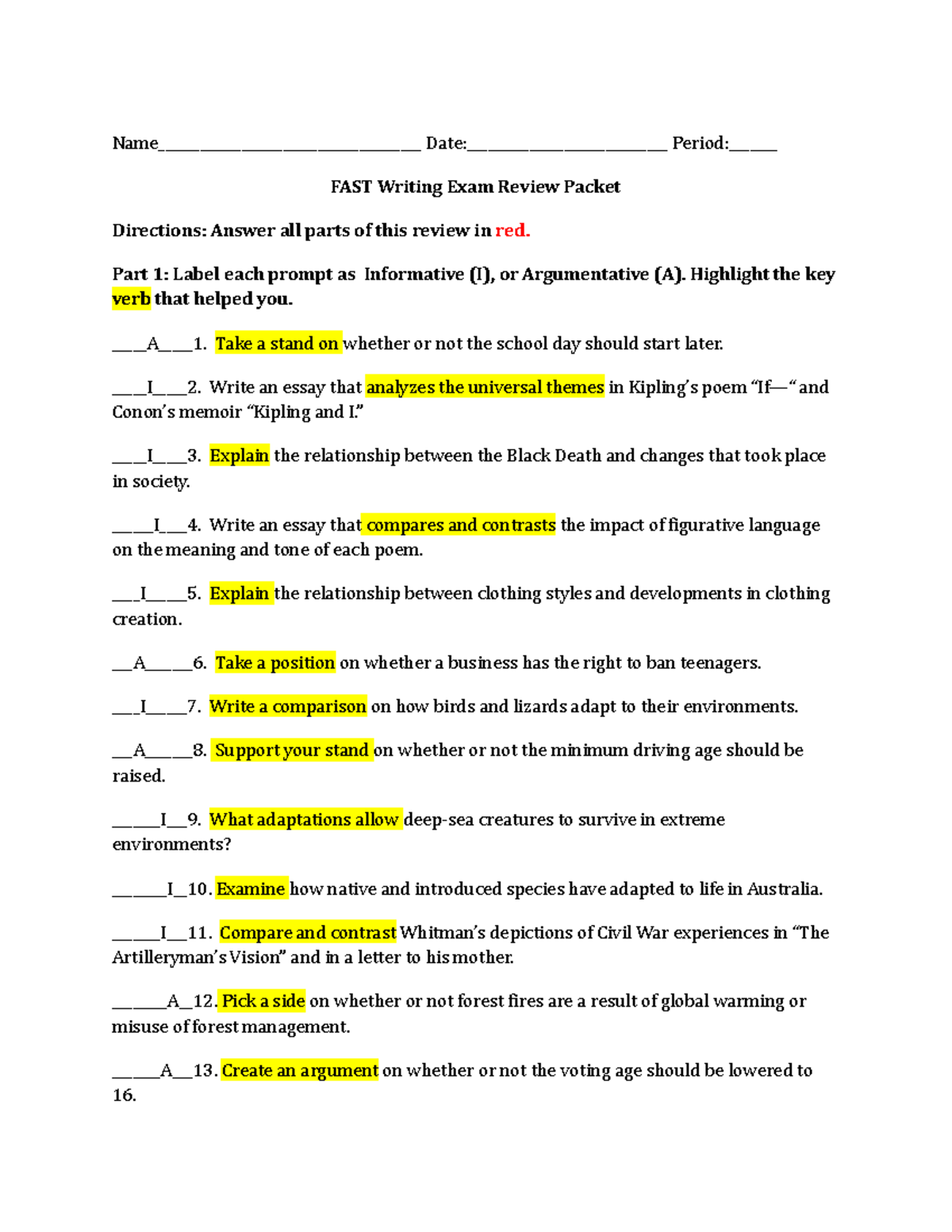 Jp Copy of Noble FAST Writing Review Packet Part 1&2 - Name