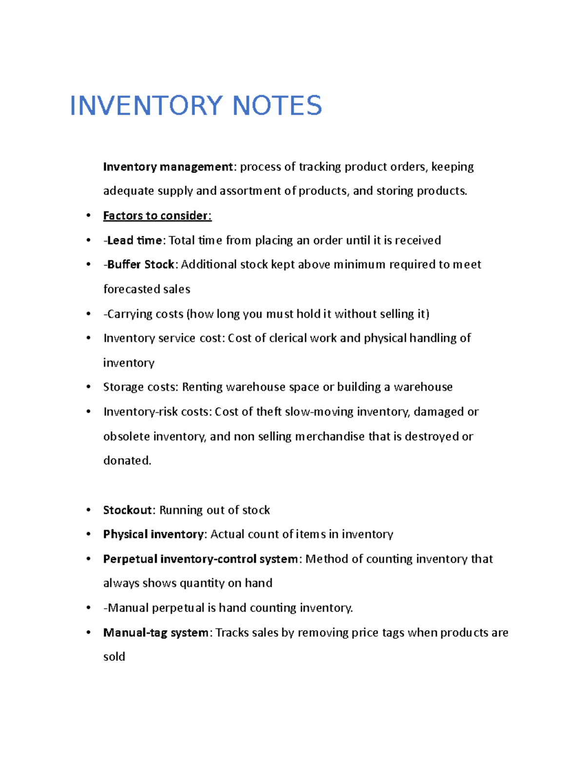 Inventory Notes - INVENTORY NOTES Inventory management: process of ...