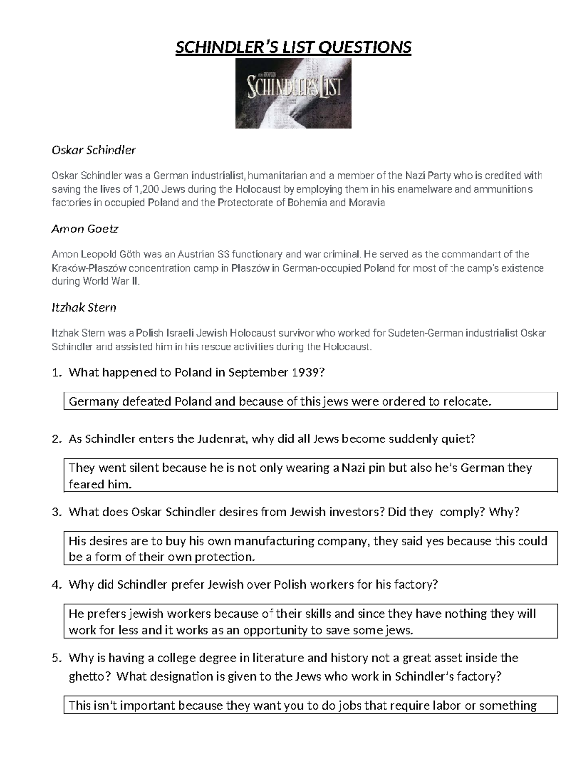 A5 Schindlers LIST copy copy SCHINDLER’S LIST QUESTIONS Oskar