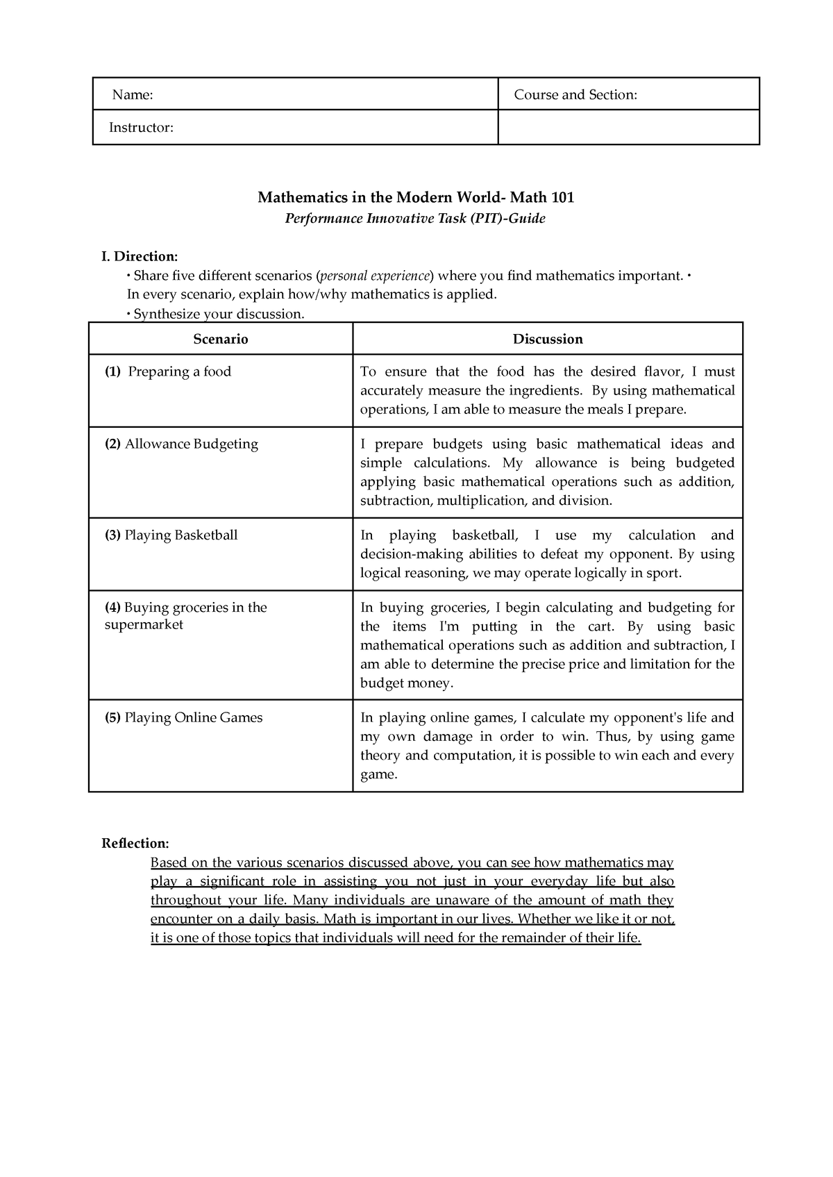 Math101 PIT (Midterm) - Name: Course and Section: Instructor ...