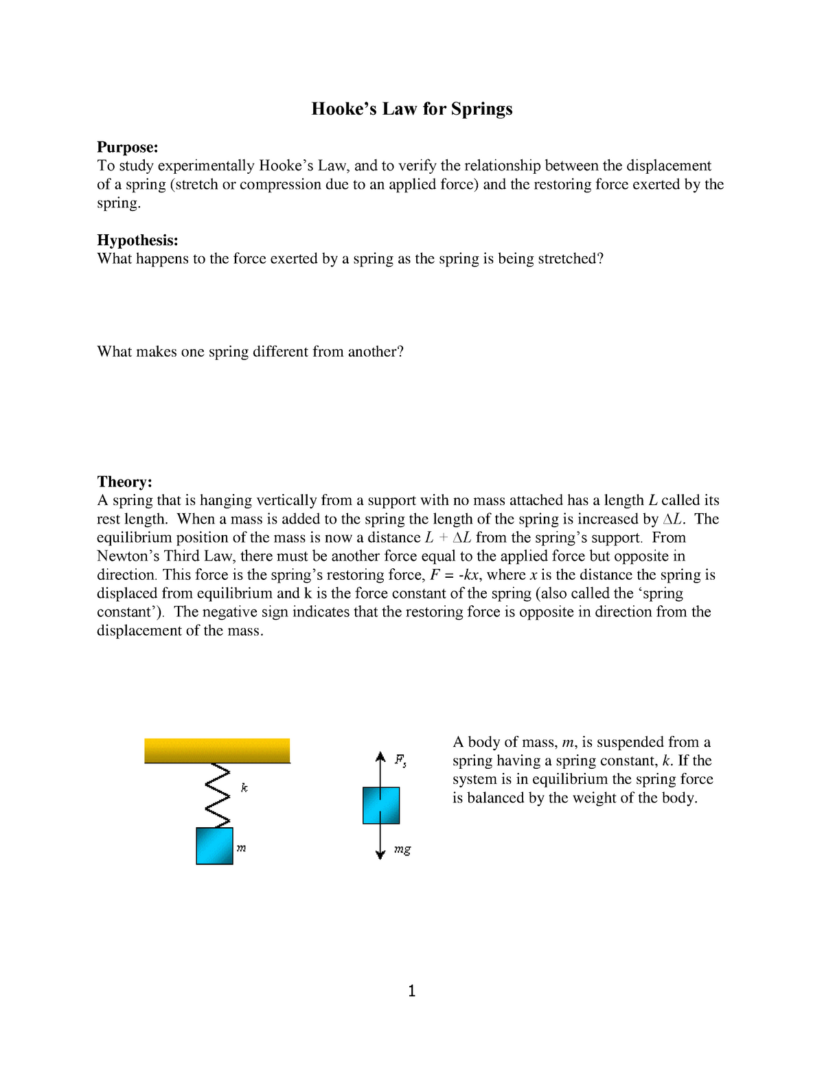 Hookes Law Lab This Is The 4th Lab Slot Material For Physics 2 It List The Procedures That Studocu