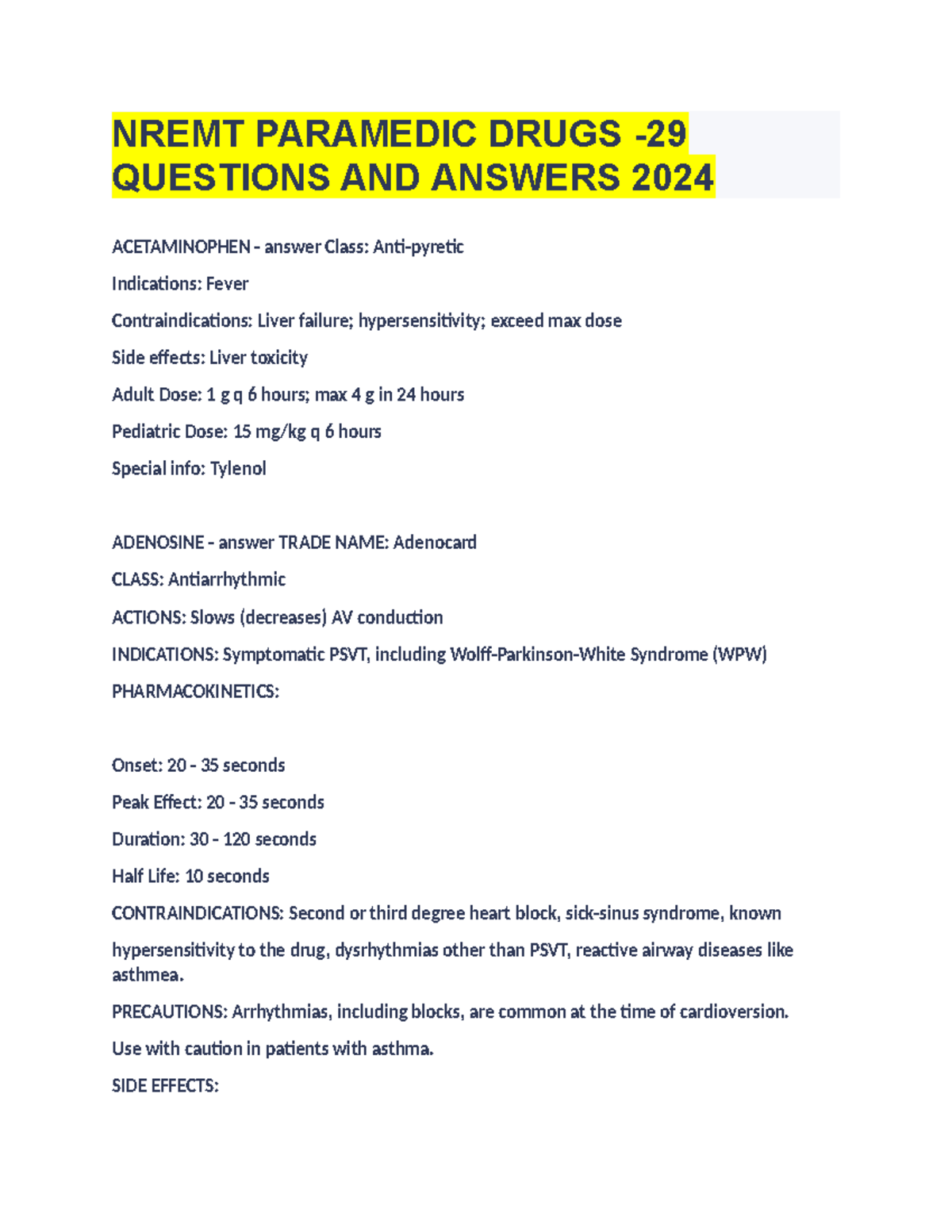 NREMT Paramedic Drugs -29 Questions AND Answers 2024 - NREMT PARAMEDIC