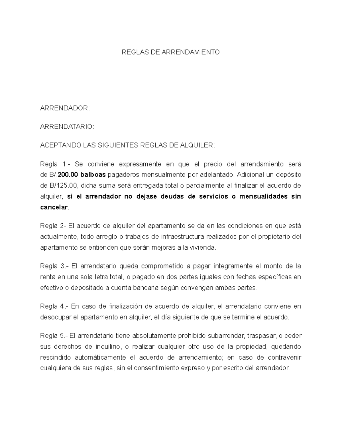 Se Puede Pagar Un Año Entero De Alquiler Contrato DE Arrendamiento - REGLAS DE ARRENDAMIENTO ARRENDADOR:  ARRENDATARIO: ACEPTANDO LAS - StuDocu