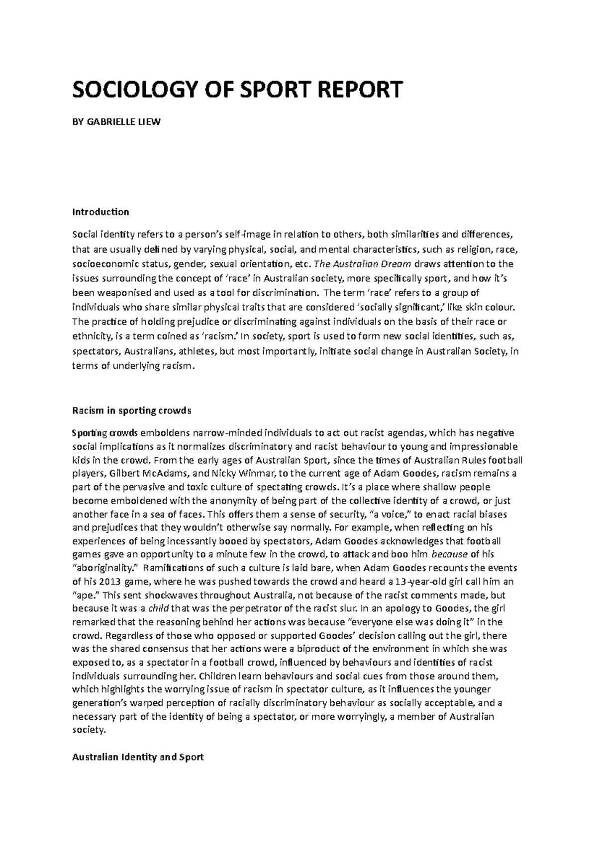 Sociology OF Sport Report Submit - SOCIOLOGY OF SPORT REPORT BY ...