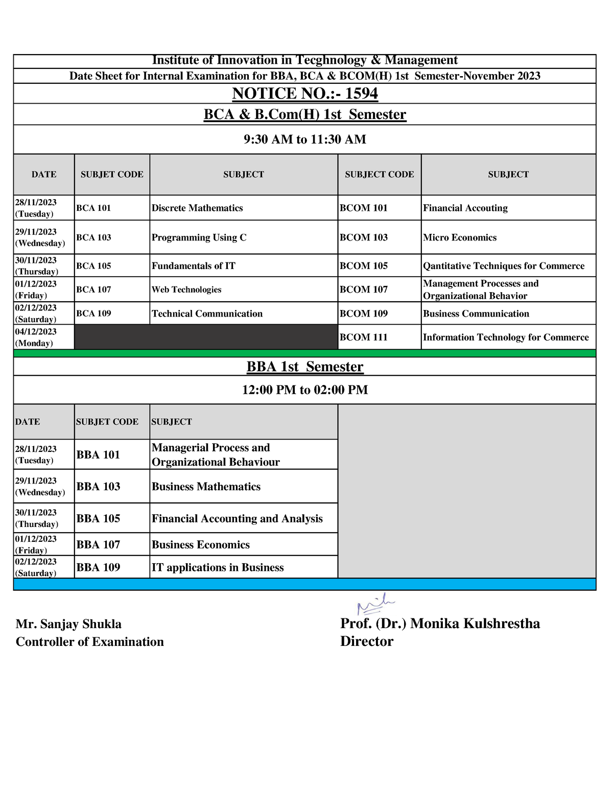 1st Semester Internal Datesheet NOV 2023 - 28/11/ (Tuesday) BCA 101 ...