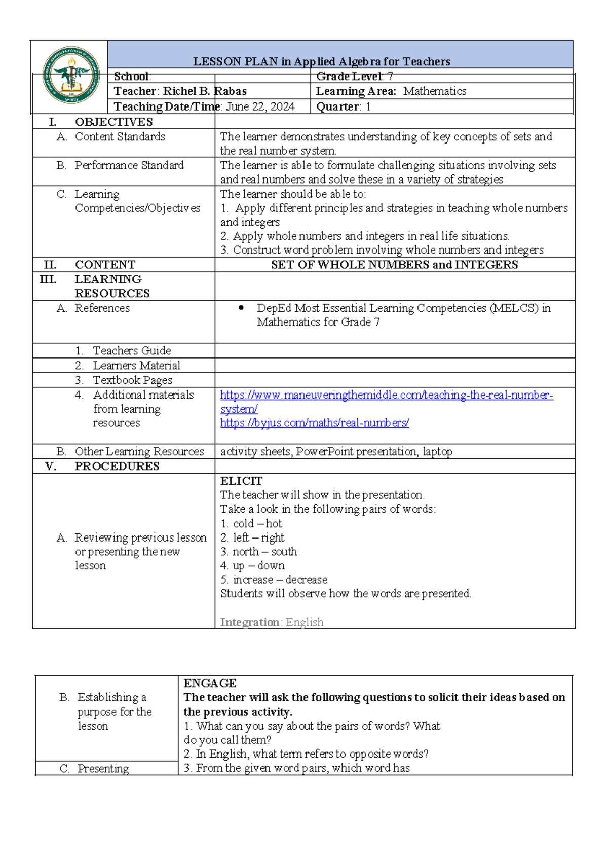 Rabas - Lesson PLAN - Educational purposes - I. OBJECTIVES A. Content ...