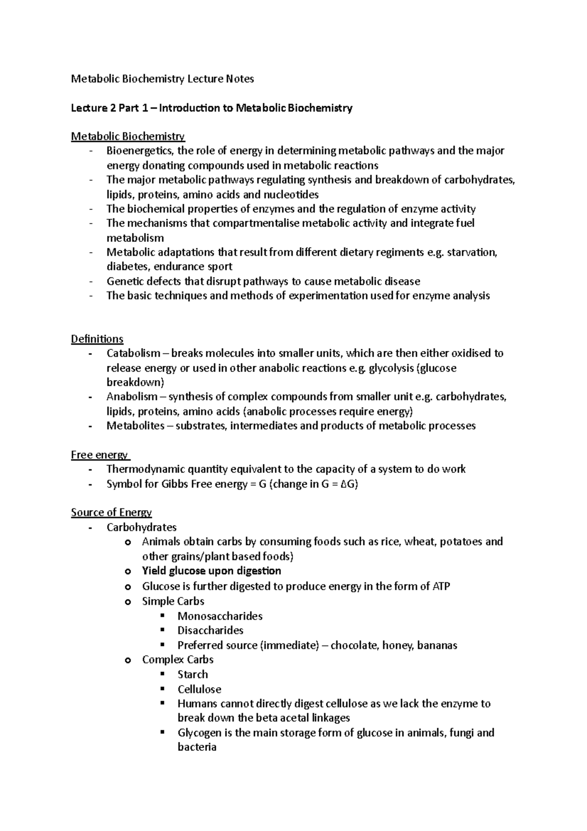 Metabolic Biochemistry Lectures 2-9 Notes - Metabolic Biochemistry ...