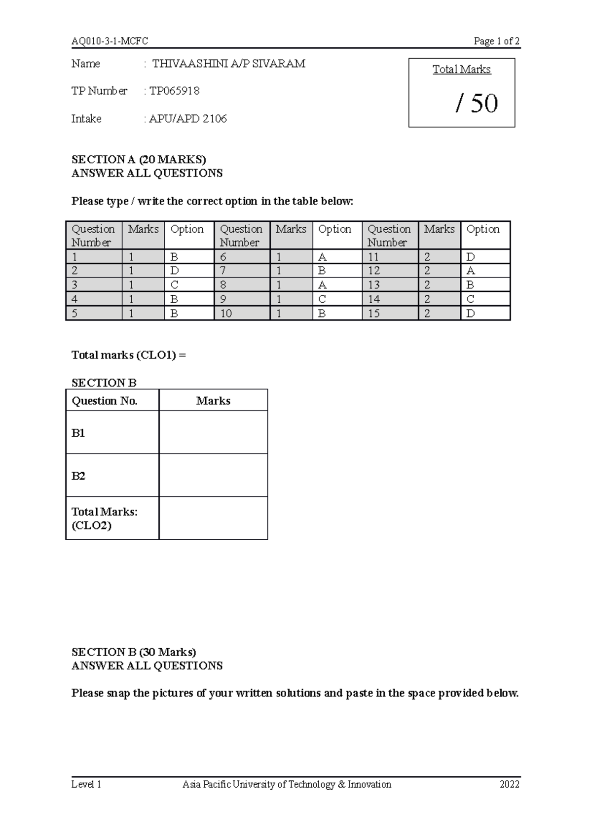 Answer Template - Name : THIVAASHINI A/P SIVARAM TP Number : TP Intake ...