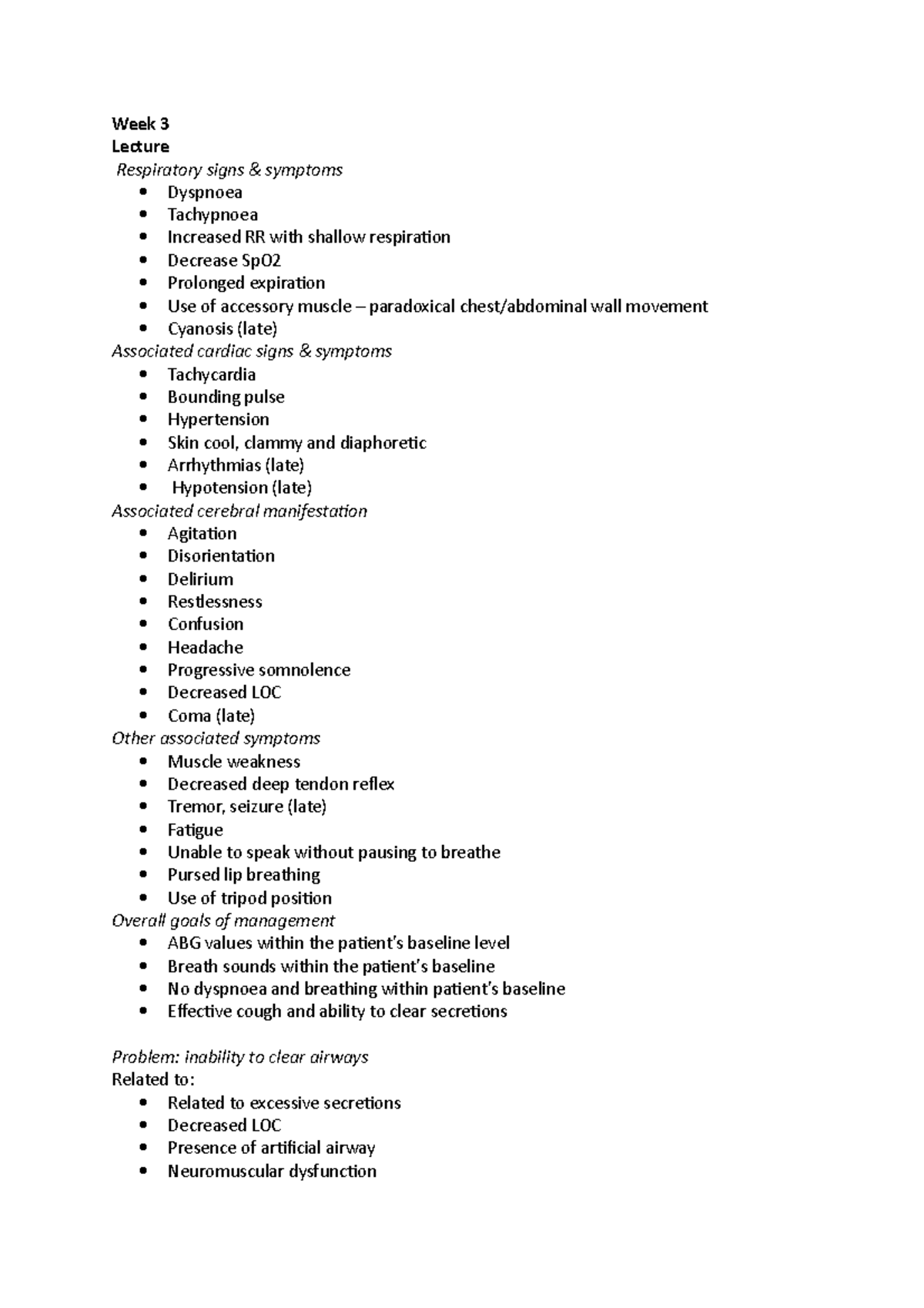 Lecture notes Week 3 Lecture Respiratory signs & symptoms Dyspnoea
