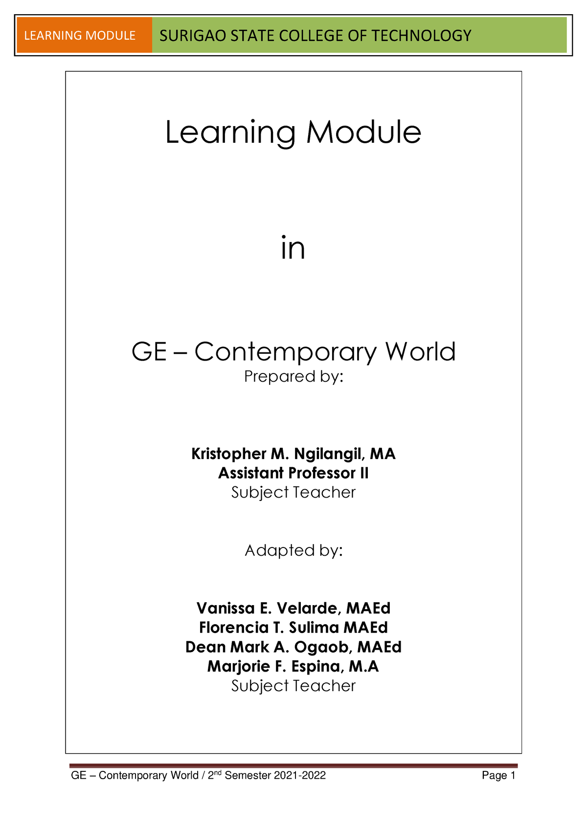 LM-Contemporary-World-Final-Coverage-Pdf - Learning Module In GE ...