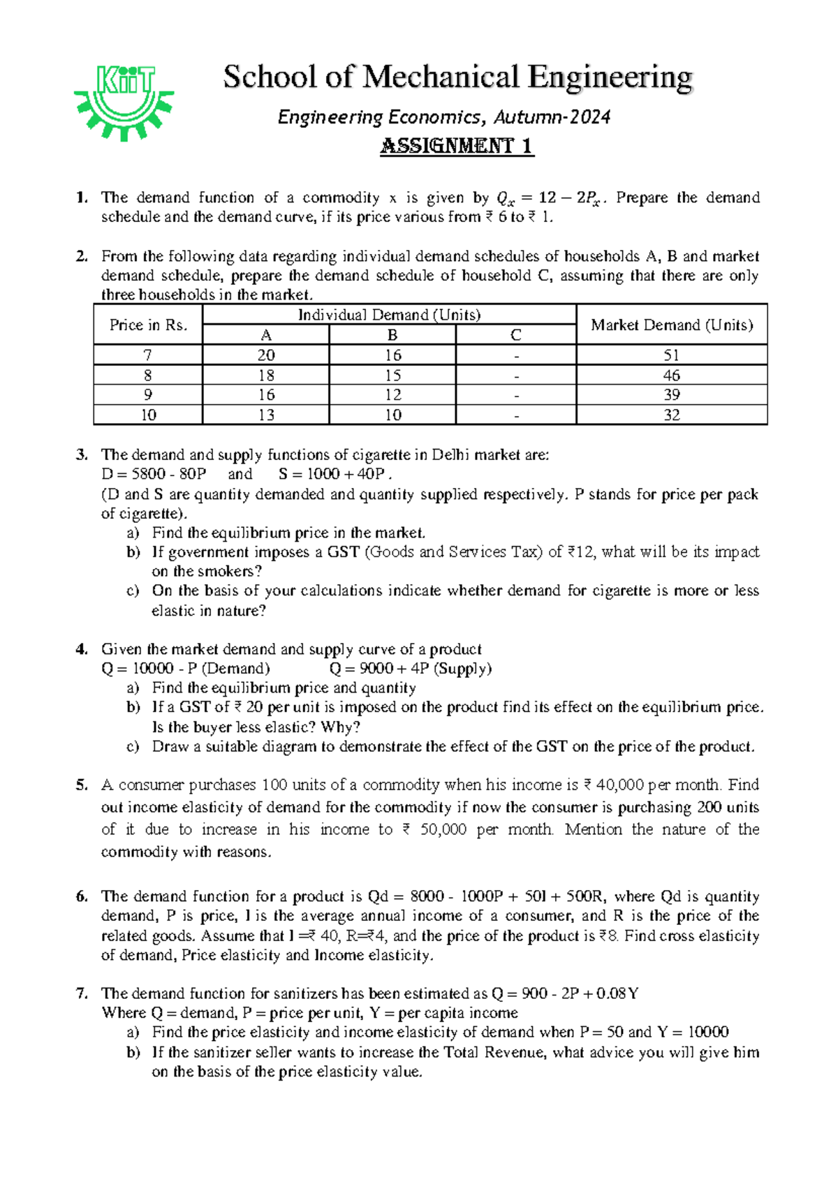 Assignment 1 - practice questions - Engineering Economics, Autumn- 2024 ...