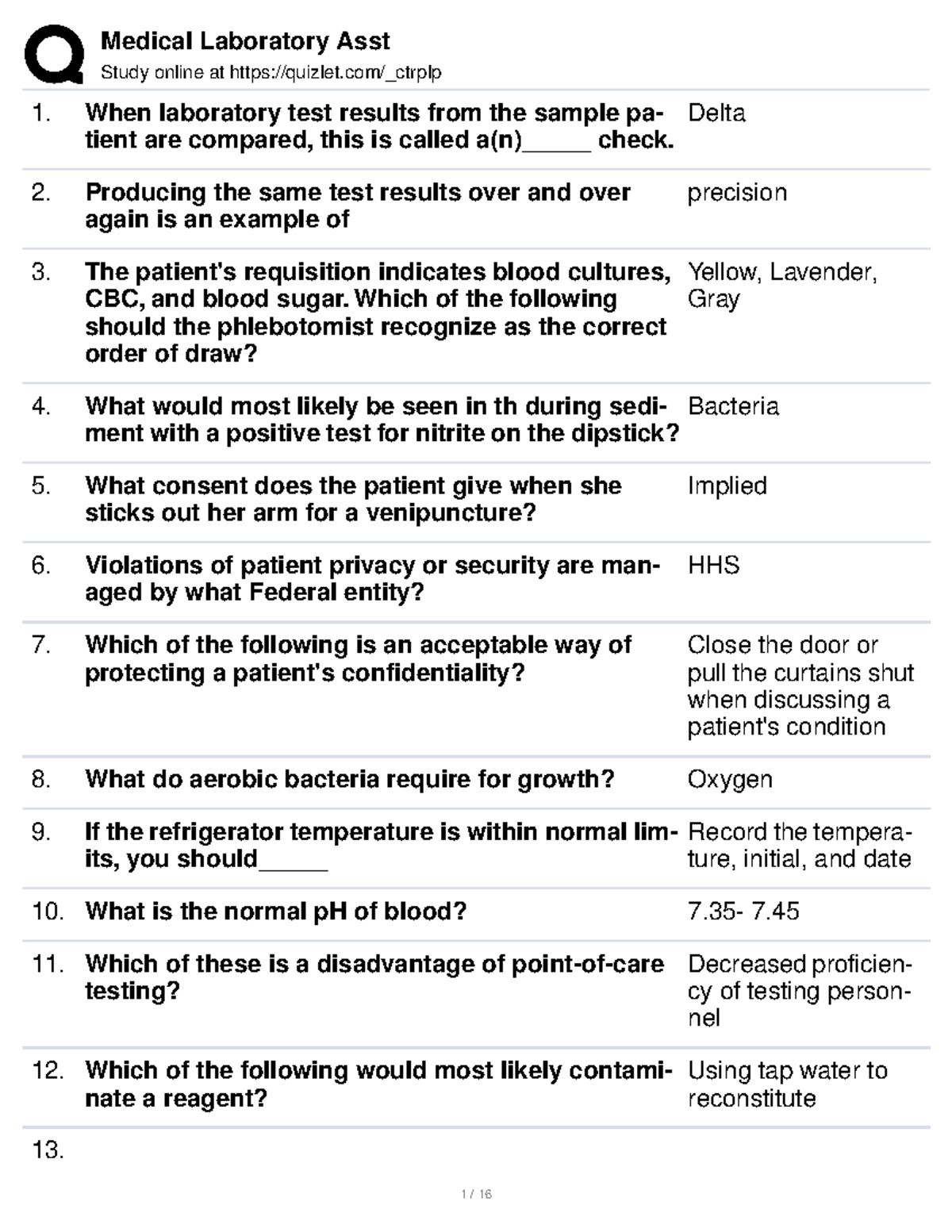 Medical Laboratory Asst - Study online at quizlet/_ctrplp When ...