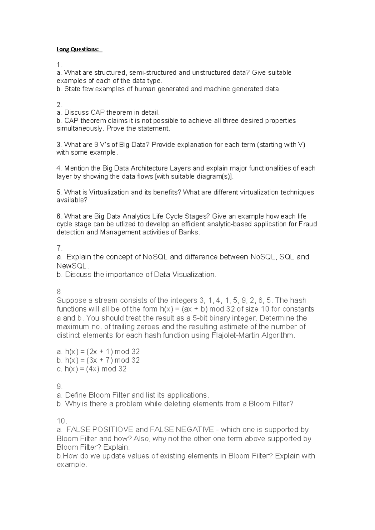 Big Data (CS 3032) Mid-Sem Question Bank - Long Questions: 1. a. What ...