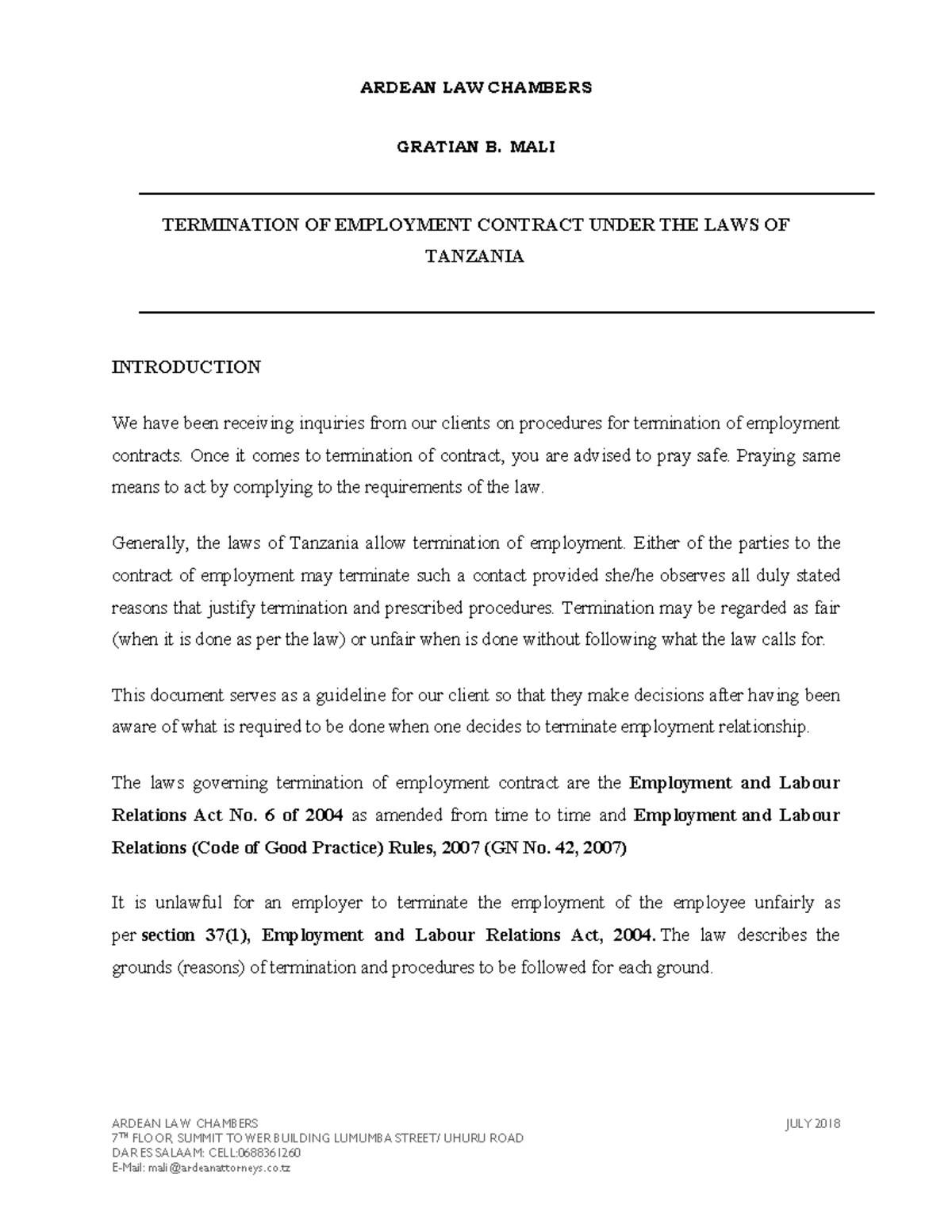 Termination OF Employment Under THE LAWS OF Tanzania 1 ARDEAN LAW