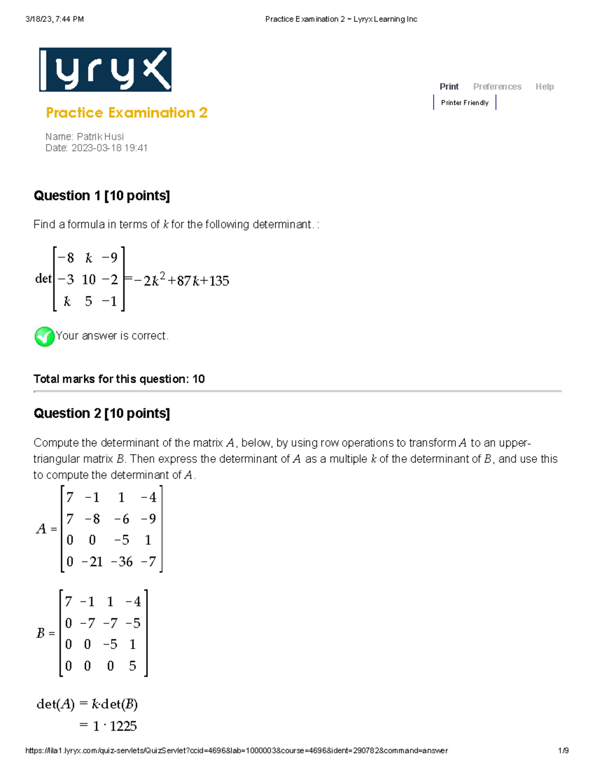 Practice Examination 2 Lyryx Learning Inc - Print Preferences Help ...