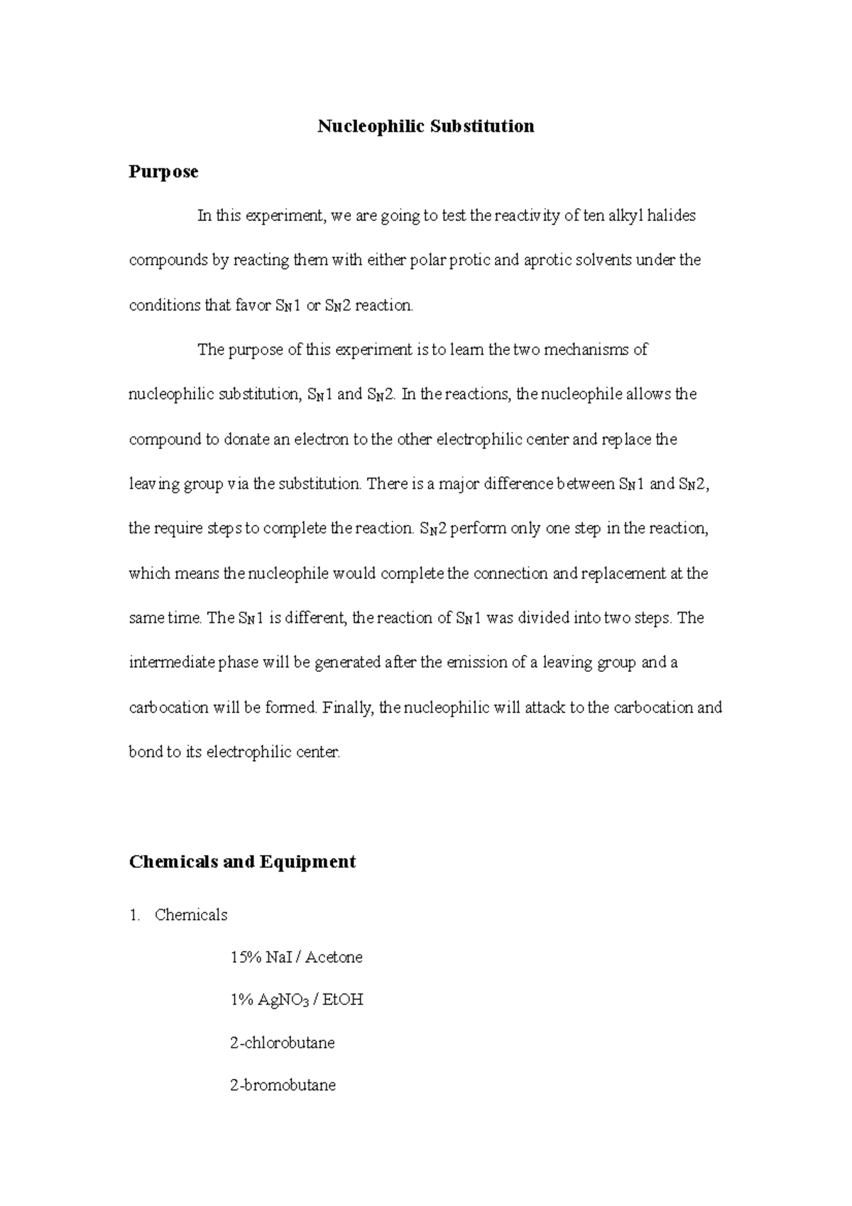 Lab Report - Nucleophilic Substitution - Nucleophilic Substitution ...