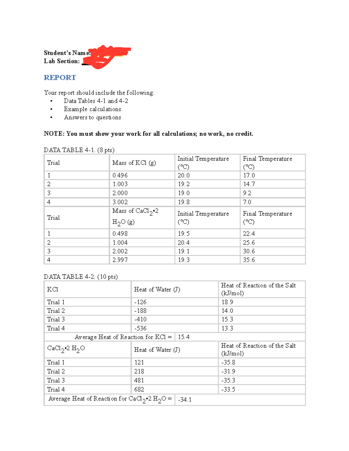 CHEM 109 Exp. 4 Heat of Reaction Student’s Name Ben Yoder Lab