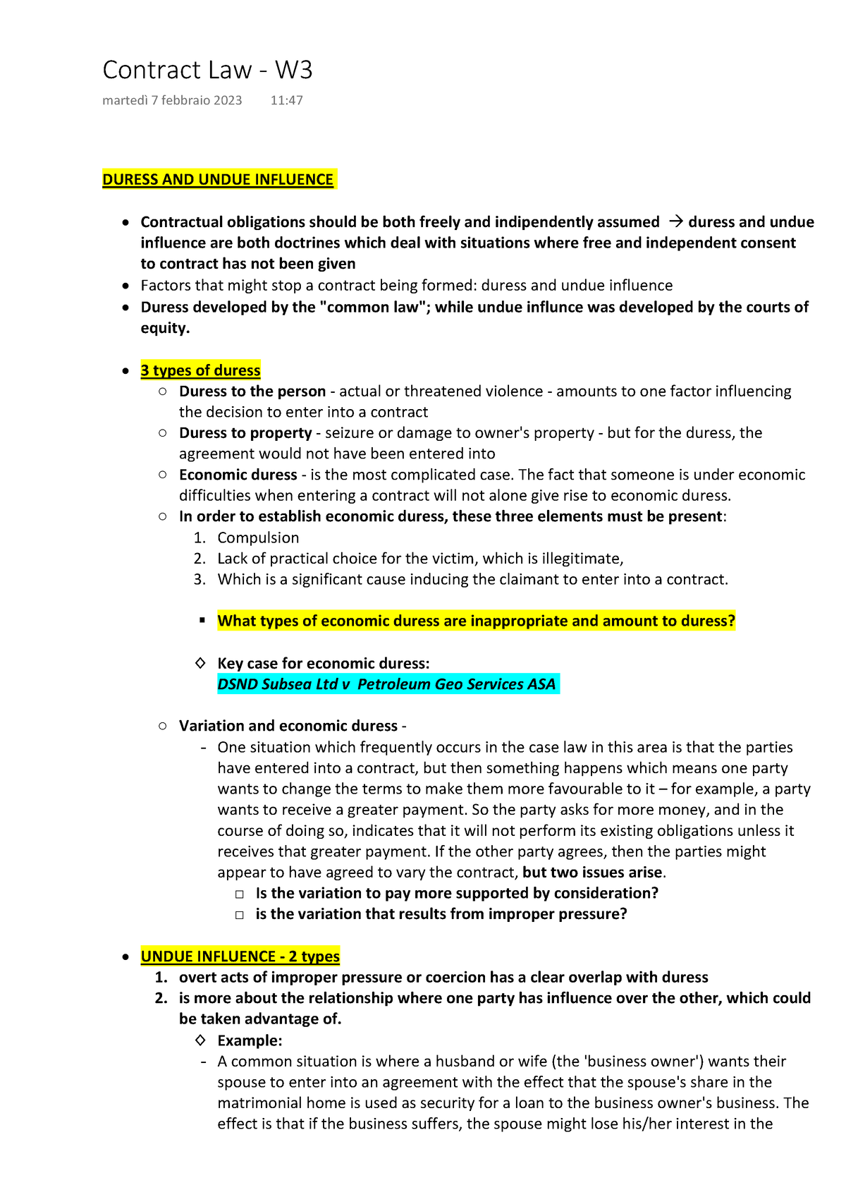 Contract Law Week 3 - DURESS AND UNDUE INFLUENCE Contractual ...