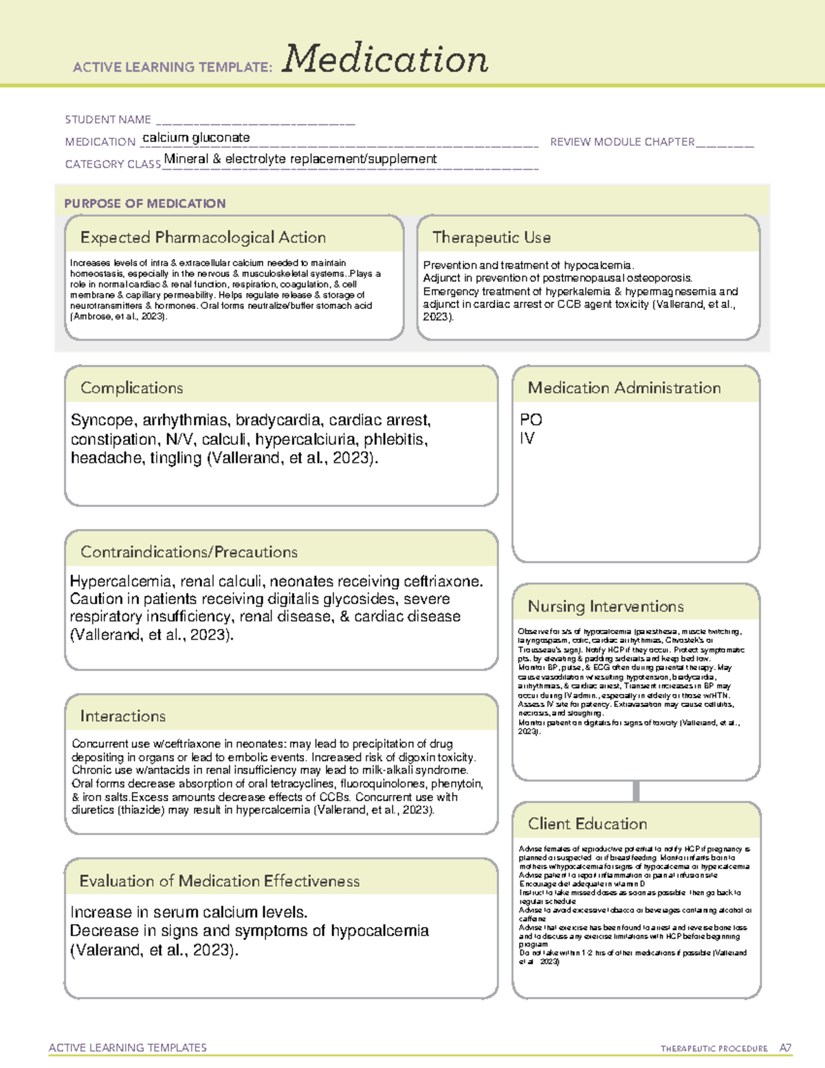 Calcium gluconate ATI Medication Card ACTIVE LEARNING TEMPLATES