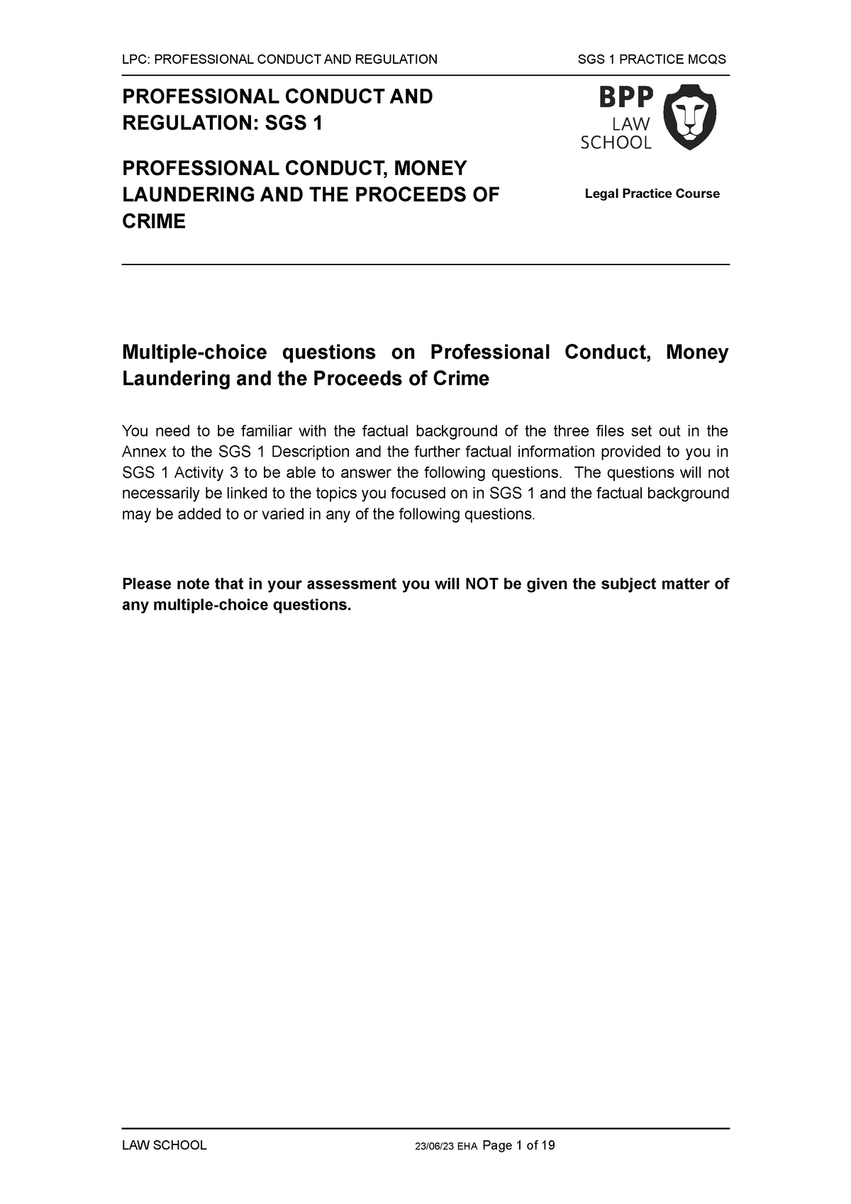 PCR SGS 1 Post SGS MCQs 2223 - LPC: PROFESSIONAL CONDUCT AND REGULATION ...