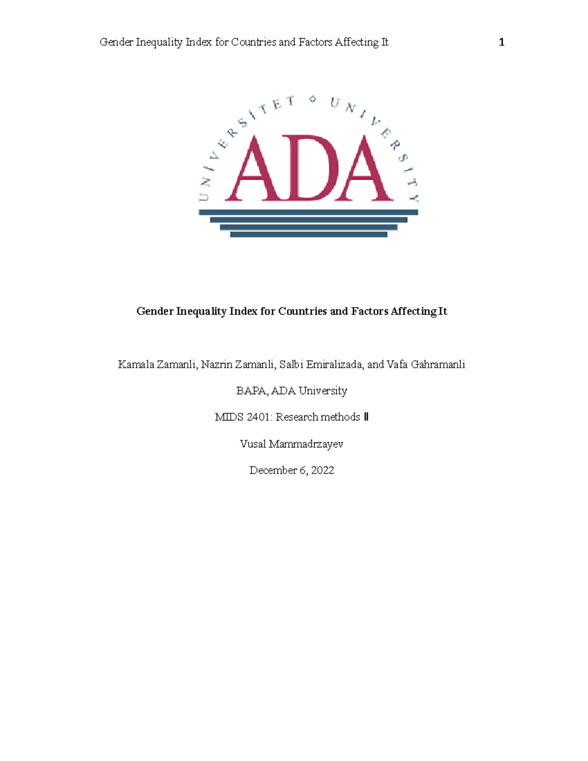 Gender Inequality Index for Countries and Factors Affecting It final