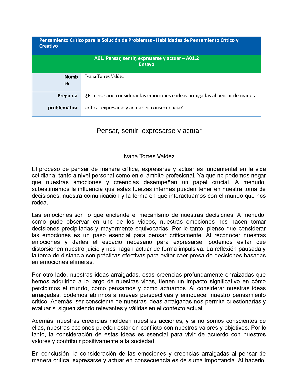 A01-2 Ensayo V3.5 - Pensamiento Crítico Para La Solución De Problemas ...