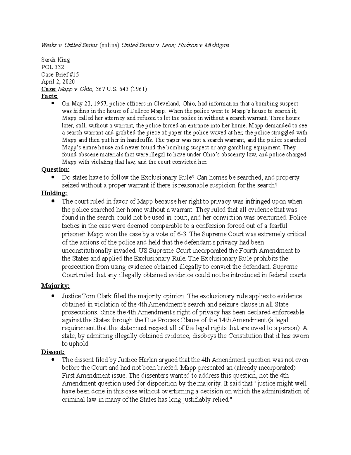 Briefs 15 and 16 notes Weeks v. United States United States v. Leon; Hudson v