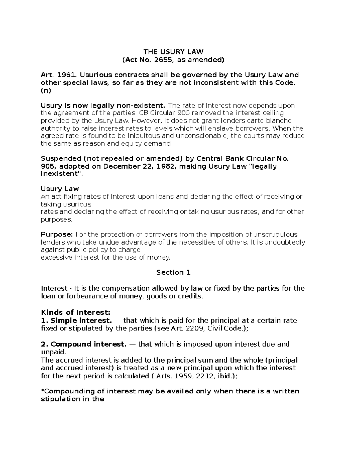 Notes ON THE Usury LAW THE USURY LAW (Act No. 2655, as amended) Art. 1961. Usurious contracts