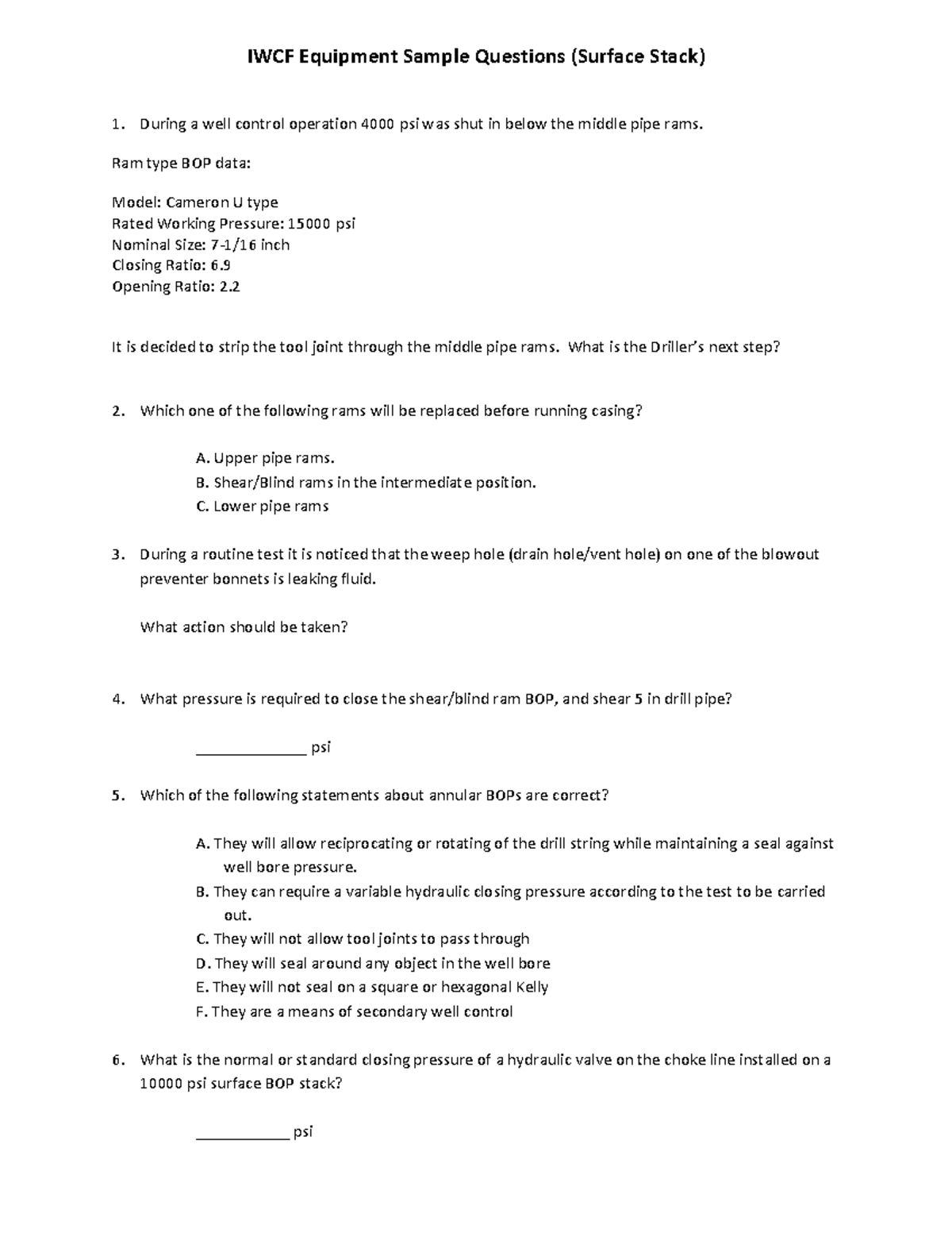 23 IWCF SO Sample Questions IWCF Equipment Sample Questions (Surface