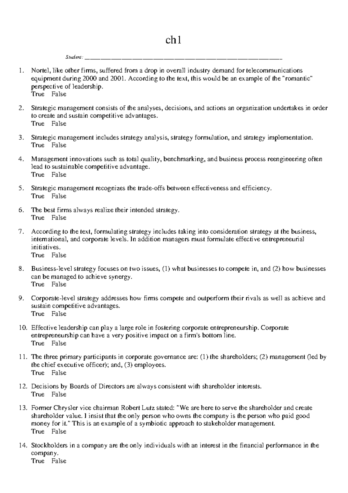 Chapter 1 test bank - ch1 Student: - Studocu