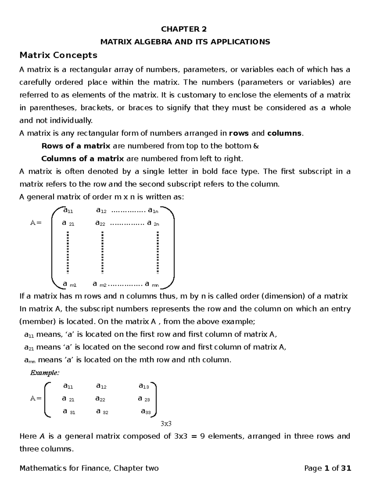 Maths for fin Chapter 2 - MATRIX ALGEBRA AND ITS APPLICATIONS - CHAPTER ...