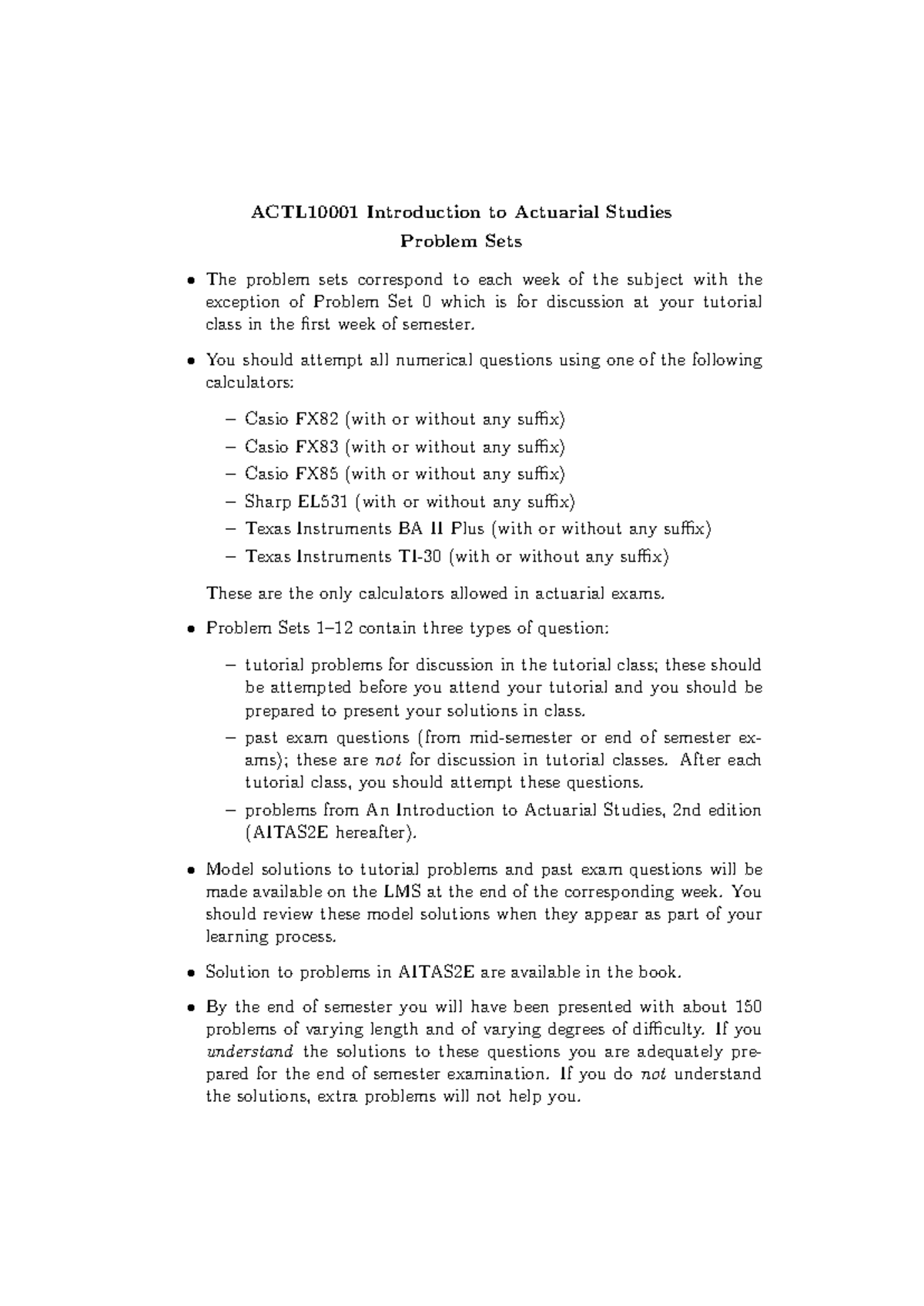 Tutorial problems - ACTL10001 Introduction to Actuarial Studies Problem ...