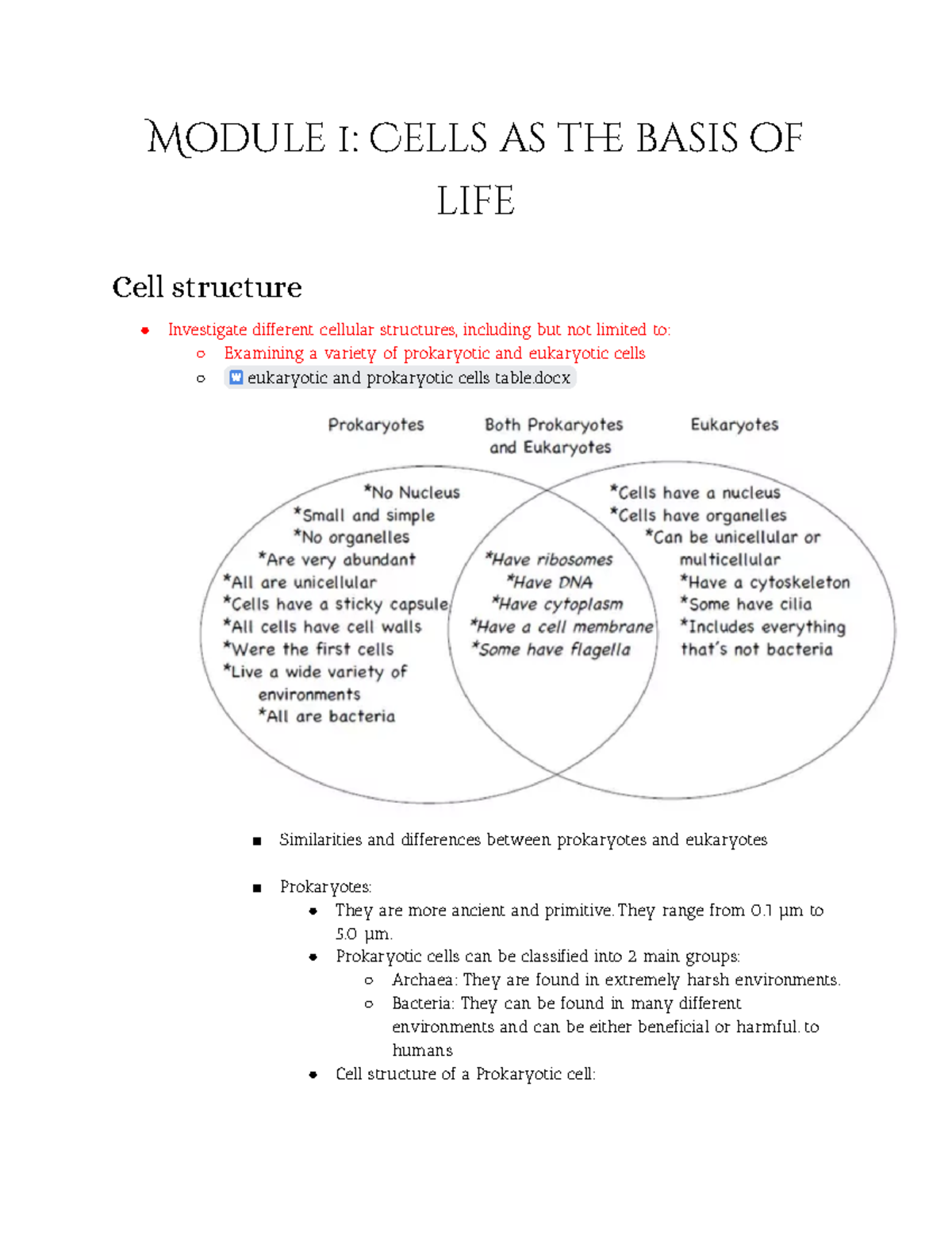 Cells as the basis of life notes - Module 1: Cells as the basis of life ...