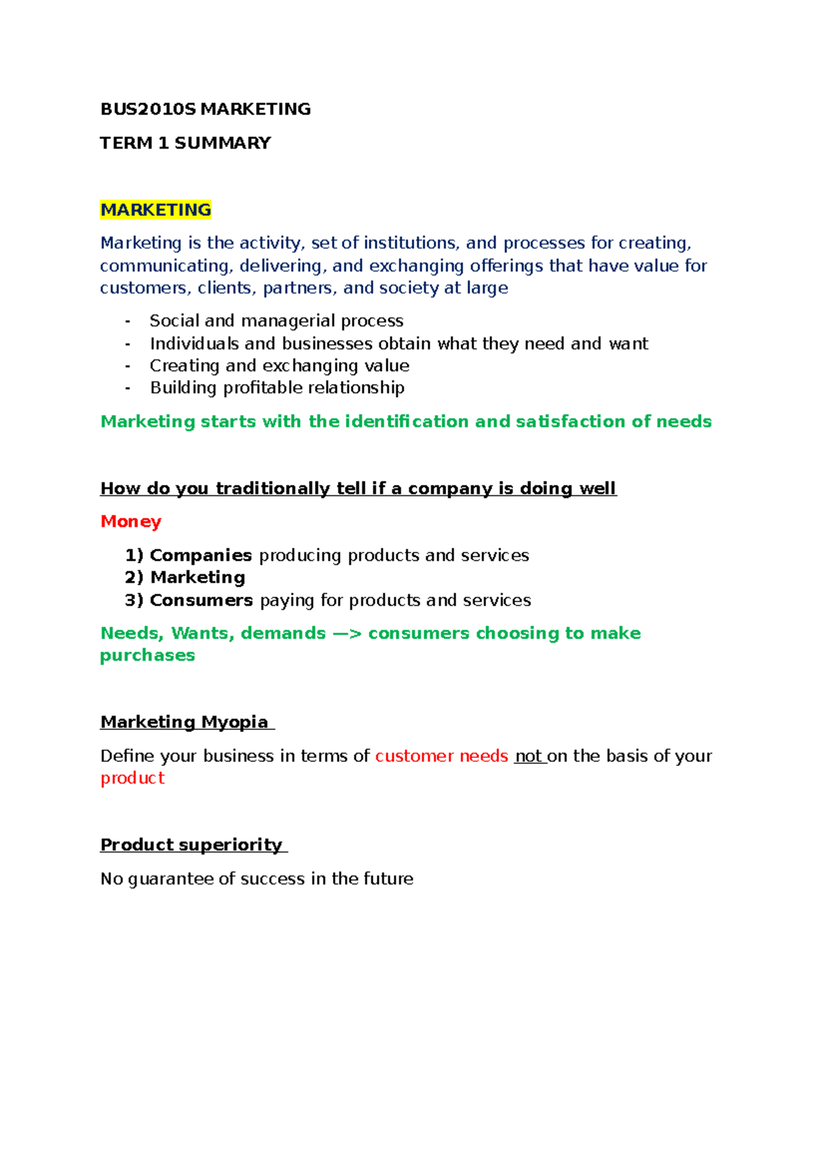 Marketing summary - BUS2010S MARKETING TERM 1 SUMMARY MARKETING ...