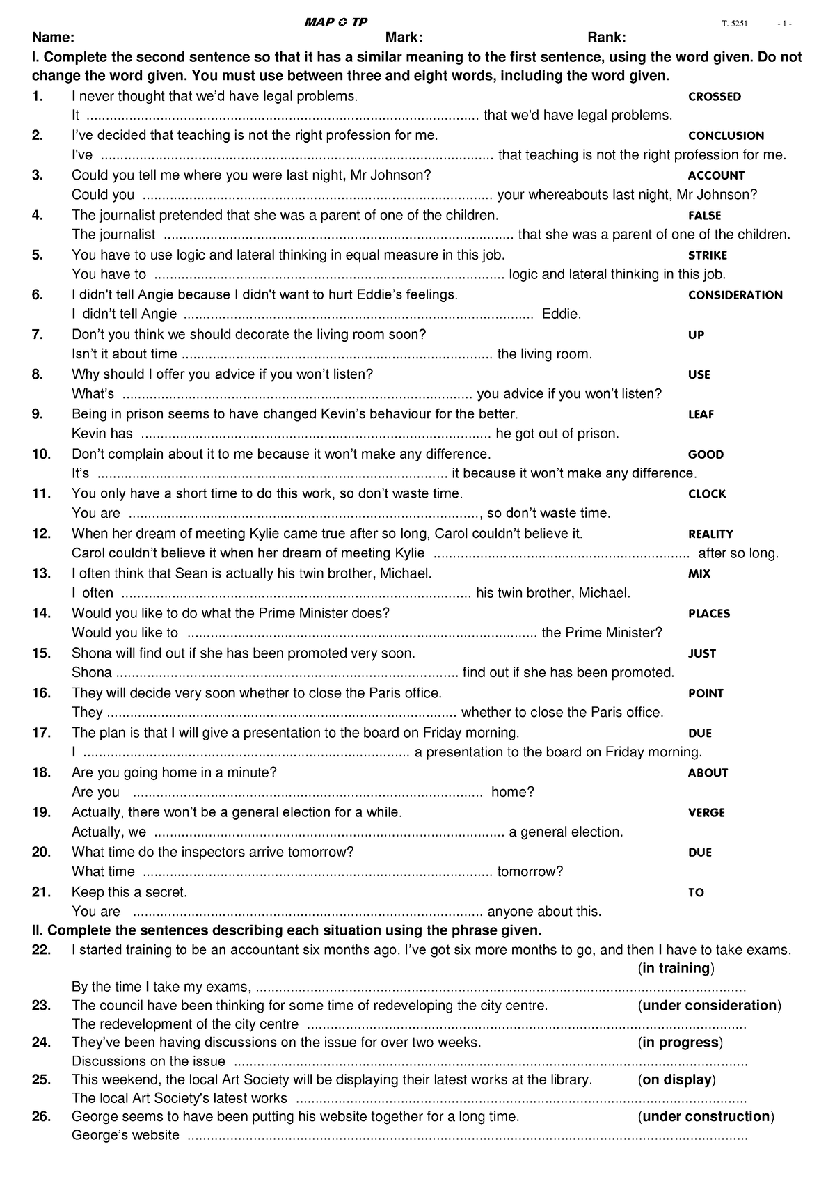 T-5251 - English Exercise - MAP TP T. 5251 - 1 - Name: Mark: Rank: I ...