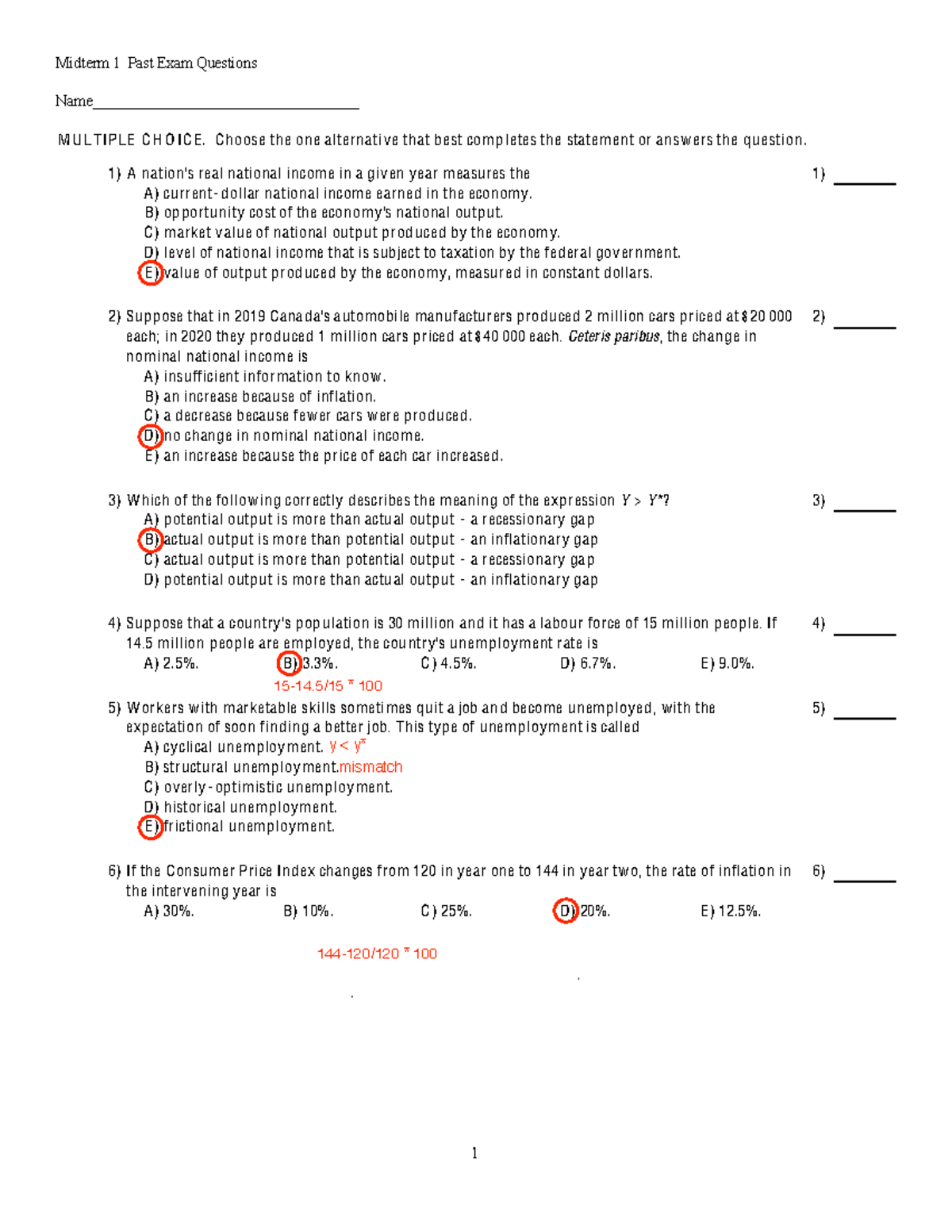Midterm 1 answes - Midterm 1 Past Exam Questions Name ...