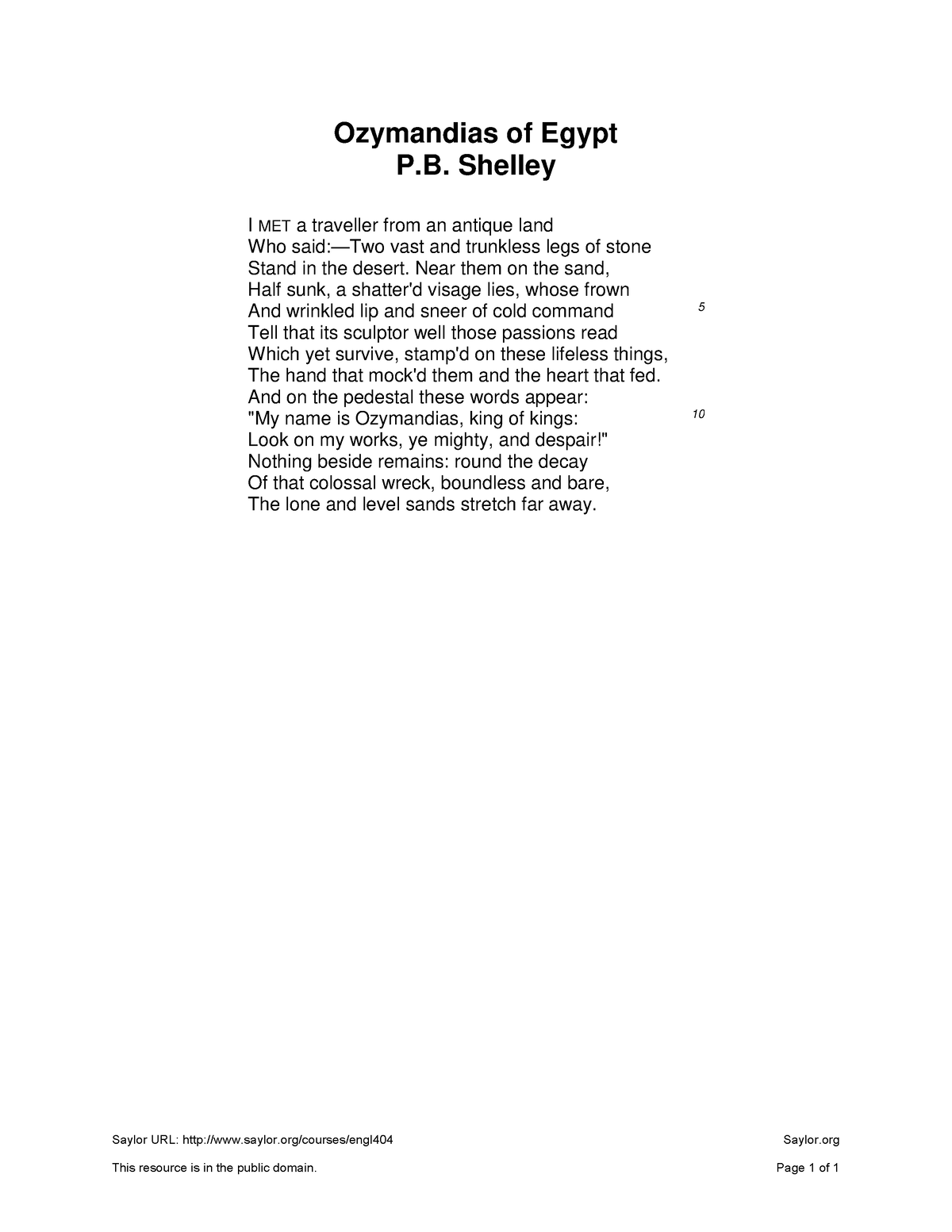 ENGL404 Shelley Ozymandias of Egypt - Ozymandias of Egypt P. Shelley I ...