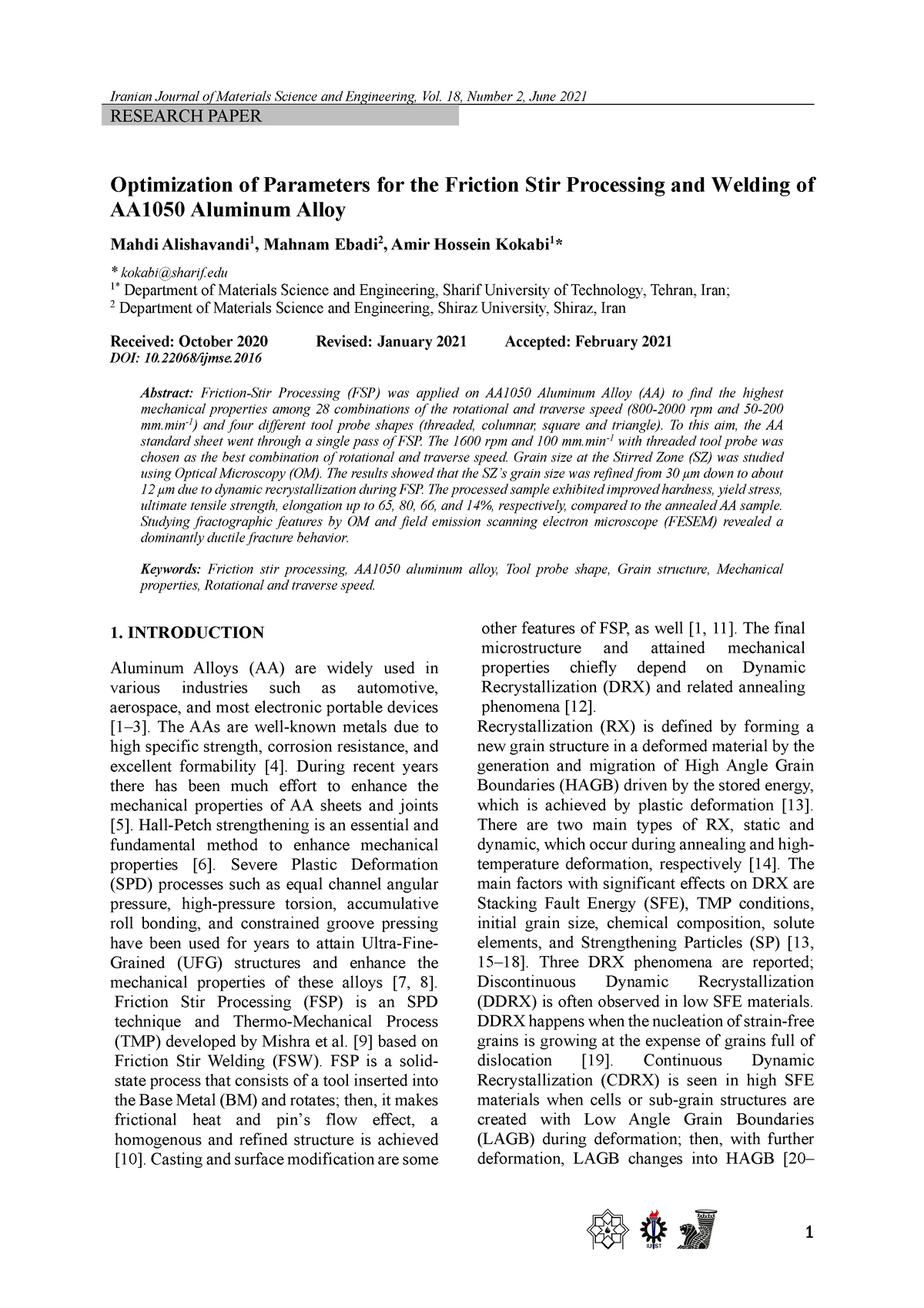 Optimization of Parameters for the Friction Stir Processing and Welding ...