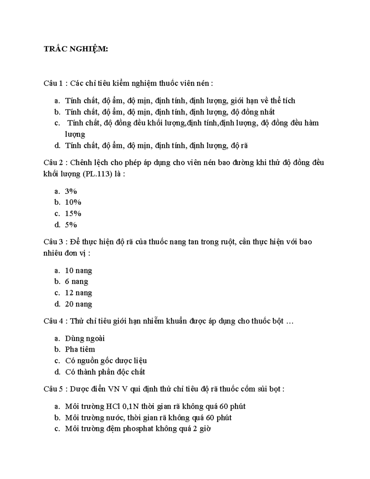 TRẮC NGHIỆM KIỂM NGHIỆM - TRẮC NGHIÊ M:̣ Câu 1 : Các chỉ tiêu kiểm ...
