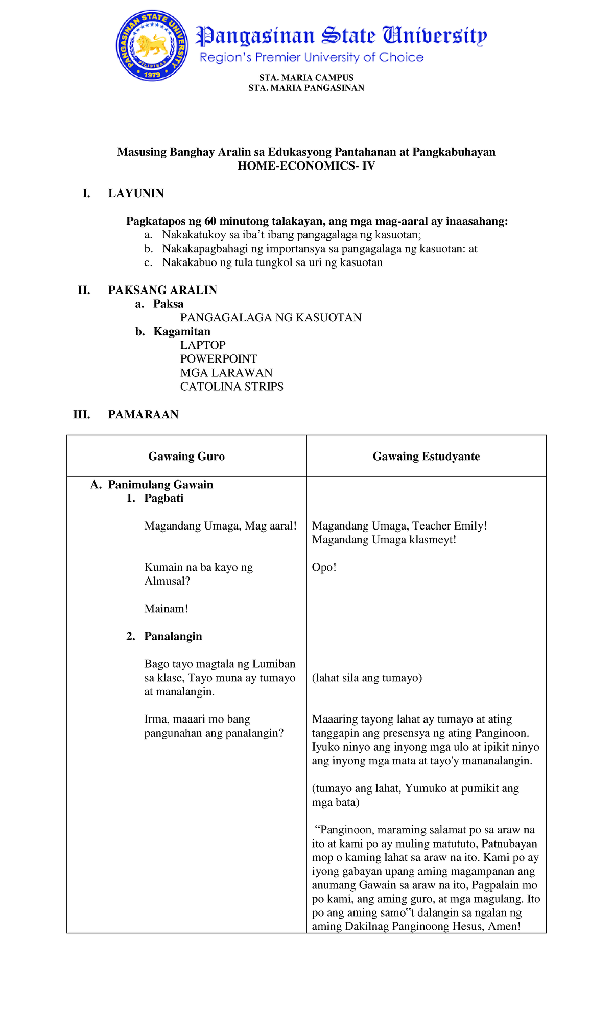 Detailed Lesson PLAN- HOME - STA. MARIA CAMPUS STA. MARIA PANGASINAN ...