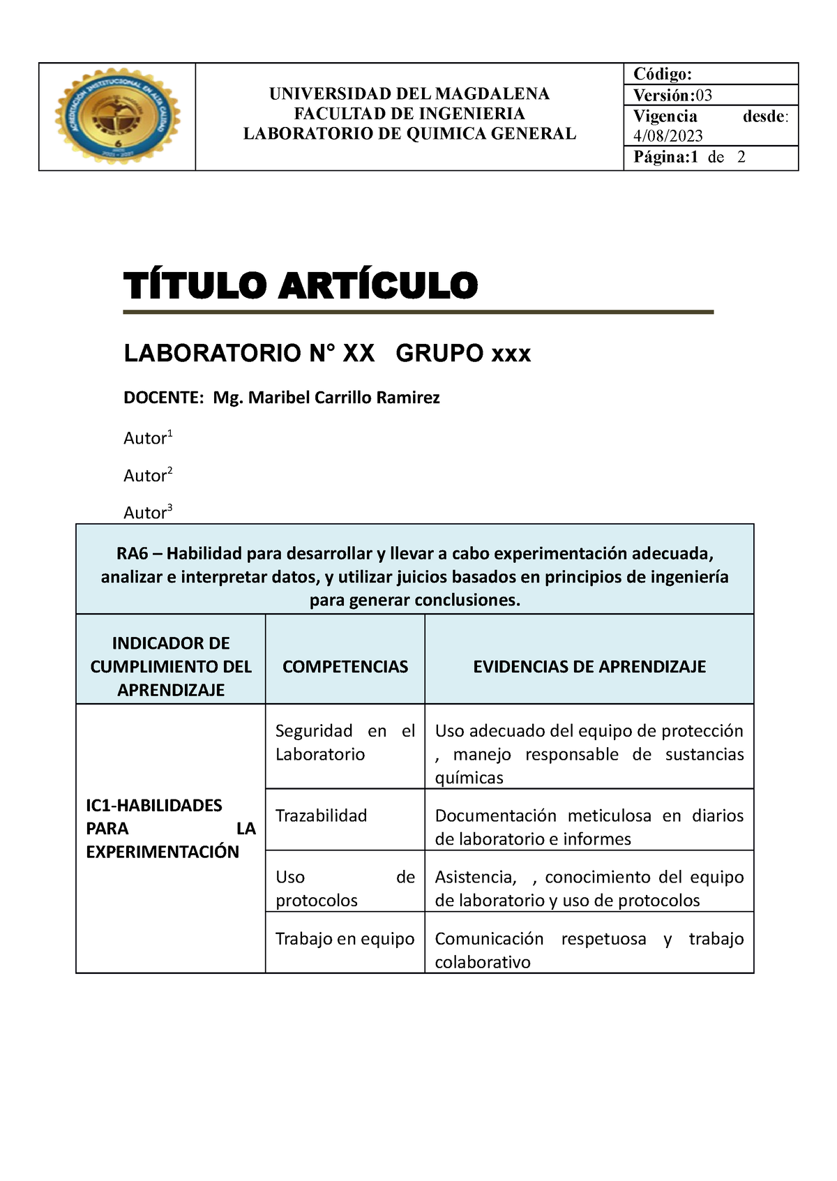 Plantilla Para Informes De Laboratorio - UNIVERSIDAD DEL MAGDALENA ...